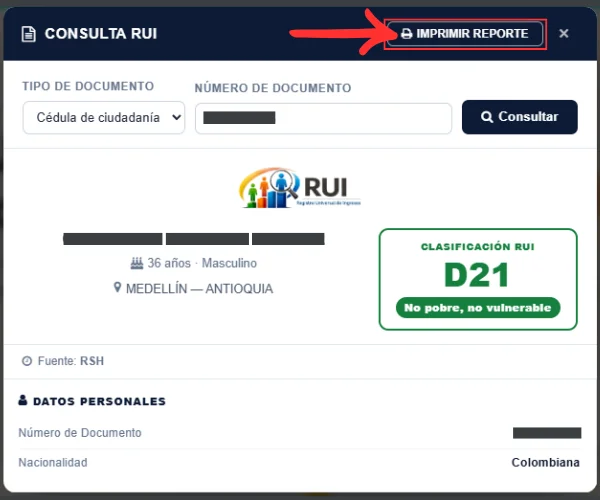 Ubicación del botón Imprimir Reporte señalada con flecha roja en la ventana oficial de Consulta RUI DNP