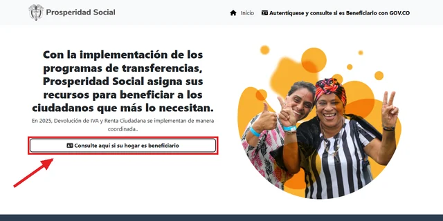 Página de consulta de la Devolución del IVA de Prosperidad Social con el botón «Consulte aquí si su hogar es beneficiario» señalado