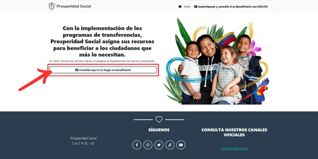 Página de consulta de Renta Ciudadana de Prosperidad Social con el botón «Consulte aquí si su hogar es beneficiario» señalado